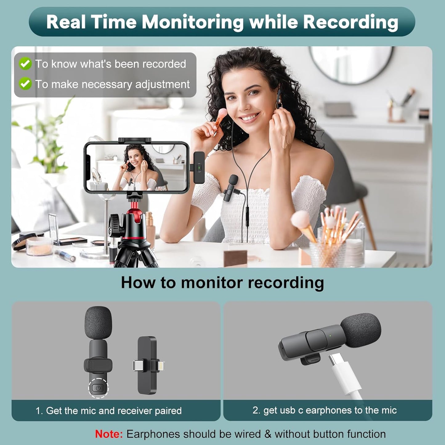 Professional Wireless Mini Microphone for Iphone, Ipad, Android Phone - Bluetooth Lavalier Lapel Mic for Video Recording - Clip on USB C Microphones for Youtube Tiktok Podcast Vlogging