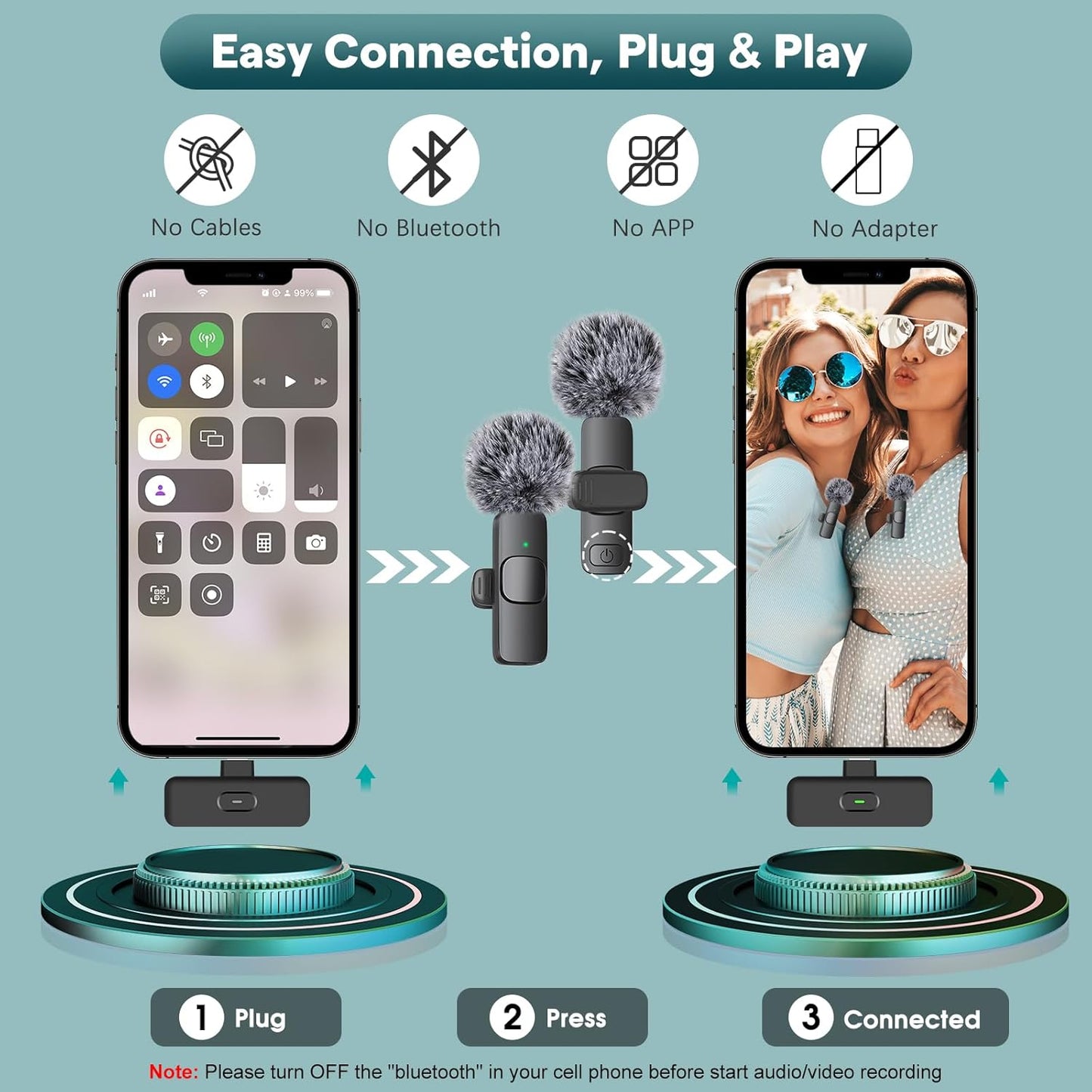 Professional Wireless Mini Microphone for Iphone, Ipad, Android Phone - Bluetooth Lavalier Lapel Mic for Video Recording - Clip on USB C Microphones for Youtube Tiktok Podcast Vlogging