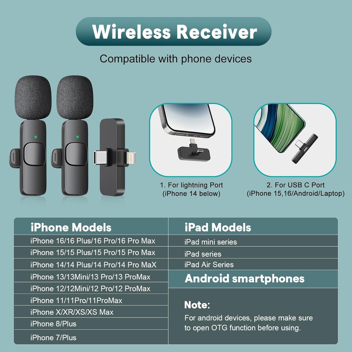 Professional Wireless Mini Microphone for Iphone, Ipad, Android Phone - Bluetooth Lavalier Lapel Mic for Video Recording - Clip on USB C Microphones for Youtube Tiktok Podcast Vlogging